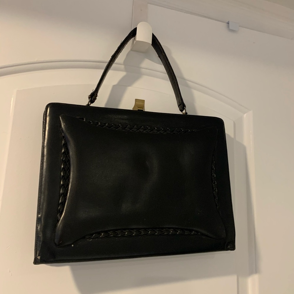 VINTAGE Italian Black Leather Top-Handle Box Bag